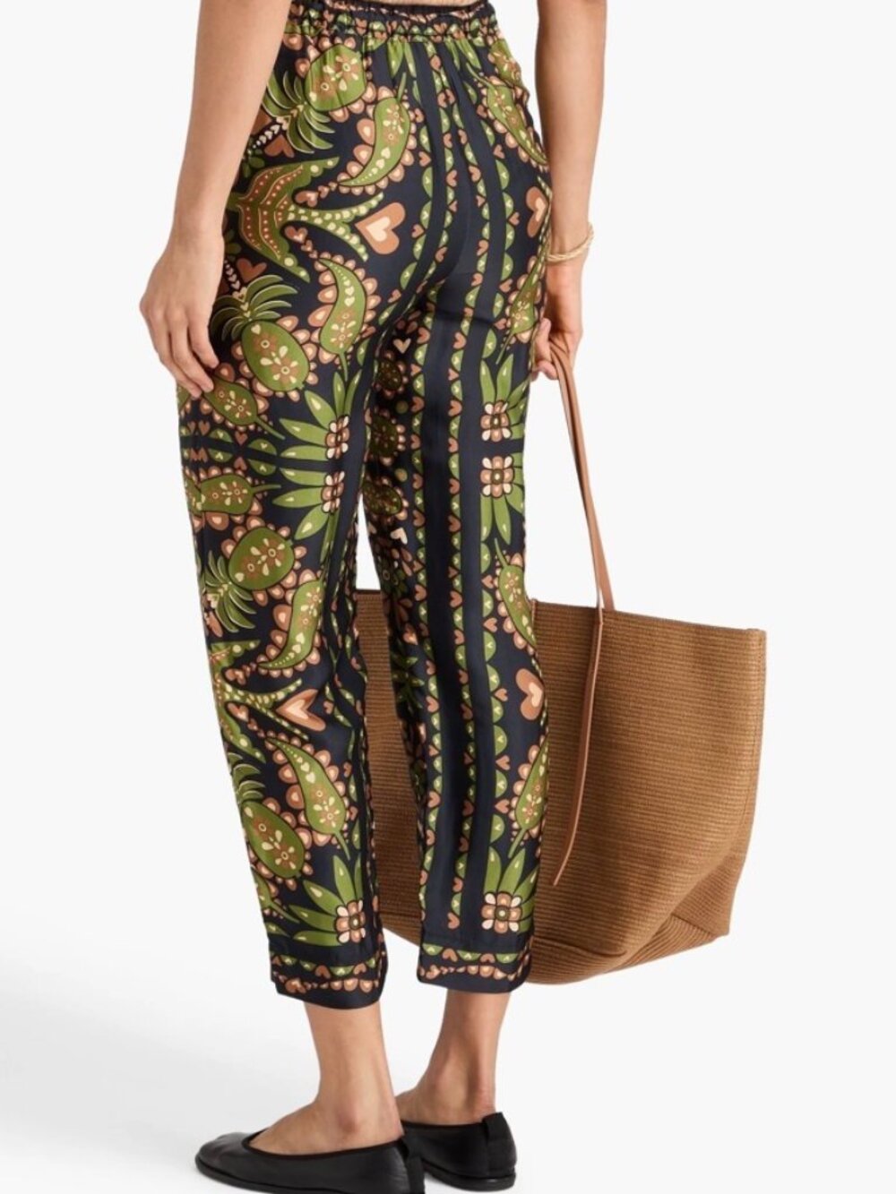 NWT (Other) Farm Rio Paisley Print Satin Tapered Pants in Black/Orange/Green. XS - Picture 2 of 15